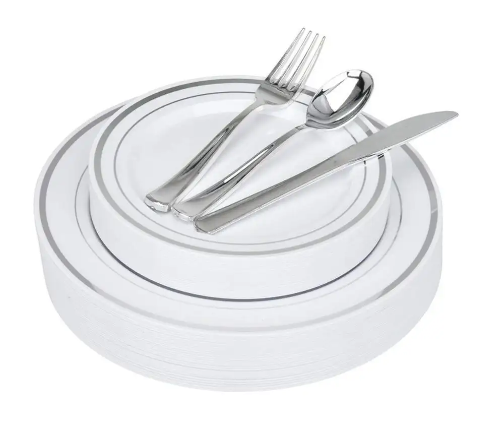 Fancy Disposable Plates with Cutlery 125 Piece Silver Plastic Plates and Silver Plastic Cutlery for Weddings