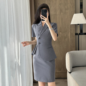 Women's Gray Suit Set Short Sleeve Workwear Polyester Blend Professional Office Wear - Product Image 1