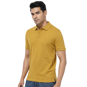 เสื้อเชิ้ตแขนสั้นสีเหลืองมัสตาร์ดสำหรับผู้ชาย ผ้าฝ้ายถัก 100% สวมใส่สบาย สีพื้น ระบายอากาศได้ดี แห้งเร็ว ทรงปกติ - Product Image 1