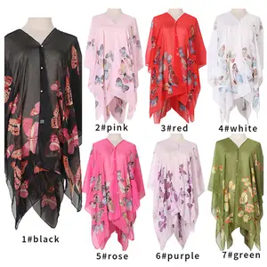 New Summer Poncho Sunscreen Butterfly Print Anti-UV Scarf for Women Sun Protection Bikini Cover Beach Shawl for Wholesale