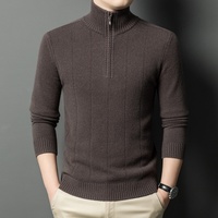 Pull en maille côtelée pour homme, coupe ajustée, col montant, demi-fermeture éclair, en laine et cachemire, style luxe discret, avec logo personnalisé OEM
