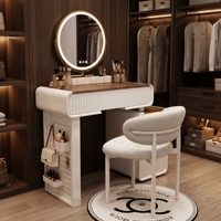 Coiffeuse de luxe avec chaise ronde, ensemble de table de maquillage moderne blanche avec tiroir cannelé pour chambre à coucher
