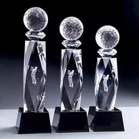 Trophée de golf en cristal gravé au laser personnalisé, colonne multi-facettes, sommet sphérique, base noire, récompense pour tournoi sportif de champion