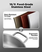 Poêle en acier inoxydable triple couche argentée avec couvercle, poêle à frire profonde, compatible induction, compatible four, compatible avec les plaques de cuisson