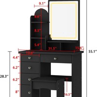 Bureau de maquillage moderne noir avec miroir éclairé par LED, 4 tiroirs, étagères de rangement