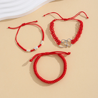 Ensemble de 3 bracelets et joncs en cordon rouge, tissage macramé, breloque cœur entrelacé argenté, style bohème tendance, cadeau pour femme