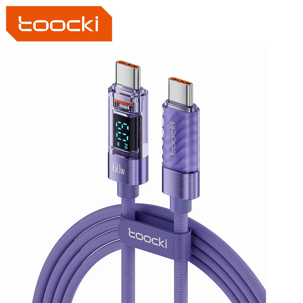 Toocki New Design Transparent Digital Display Cable Usb C To Usb C 60w Data Cable Type-c Cable For Huawei For Xiaomi