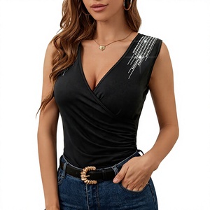 Women V Neck Sleeveless Tank <b>Top</b> <b>Rhinestone</b> Decorated Knitted Solid Color Sexy Club Style Black - Product Image 3