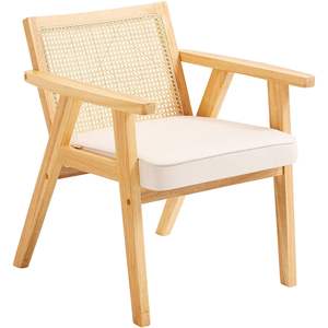 <b>Mid</b> <b>Century</b> Modern <b>Accent</b> <b>Chair</b> with Rattan Back Beige Upholstered Velvet for Living Room Bedroom Reading Room or Office - Product Image 1