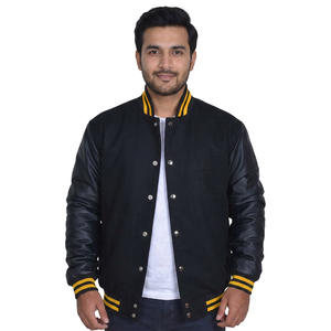 Custom <b>Men</b> Leather Sleeves Embroidery Leetrman Bomber Jacket Factory Custom Cotton Wool Slim Fit Varsity Jacket Coat - Product Image 1