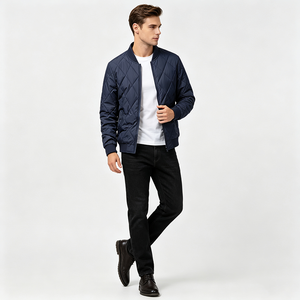 Blouson Bomber Matelassé Homme Bleu Marine en Polyester Doublé Coton, Fermeture Éclair, Motif Losanges, Col, Poignets et Ourlet Côtelés, Style Décontracté Urbain - Product Image 2