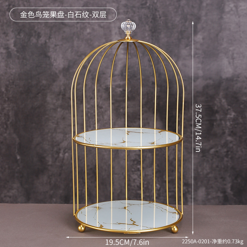 2250A-0201-ชามผลไม้กรงนกสีทอง-ลายหินสีขาว-สองชั้น