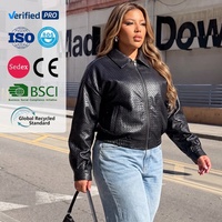 Blouson Bomber Noir Matelassé en Similicuir Imperméable Uni pour Femme Grande Taille, Coupe Ample, Fermeture Éclair, Idéal pour l'Automne et le Bureau