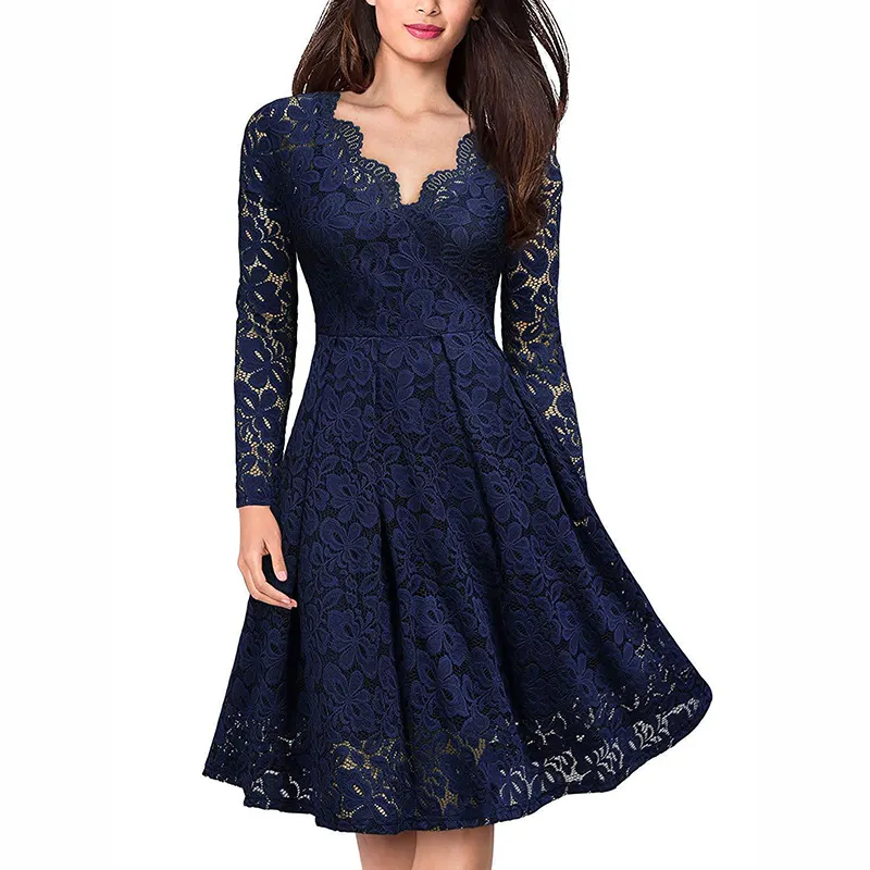 Women Party Dress Long Sleeve Lace V neck Big Flare and fit Knee Length Elegant Dress