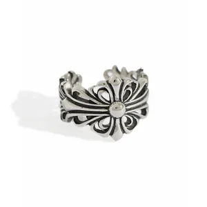 WMAR1481 Silver jewelry supplier factory cross flower antique silver made opening couple ring