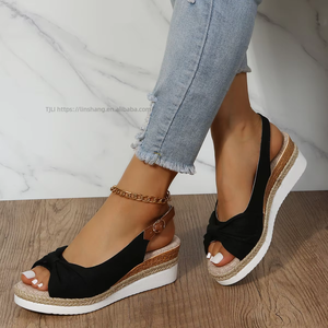 Quality Straw Woven Platform Sole Peep-toe <b>Bow</b> Ties Wedge High Heel <b>Sandals</b> for Women With Ankle - Product Image 3
