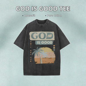 T-shirt décontracté ample en coton 100% délavé avec motif '<span class=keywords><strong>God</strong></span> Is Good All the Time', respirant, non tissé, plusieurs couleurs, design personnalisable - Product Image 5