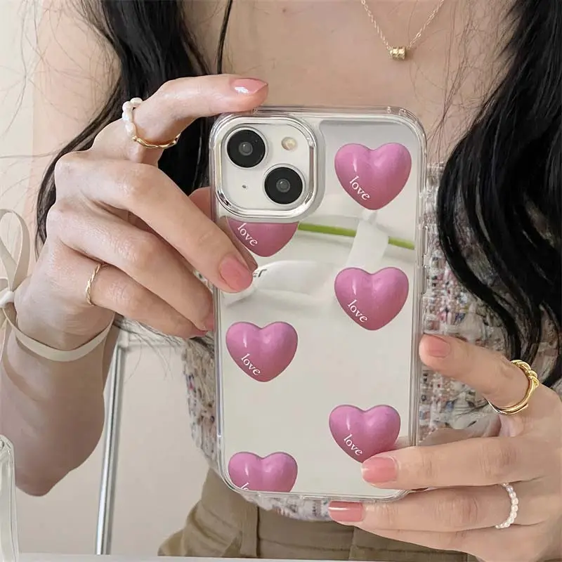 Funda de teléfono para iPhone 14 Pro Max 13 12 Pro Max 11, carcasa de piel suave con espejo plateado 3D, rosa, corazones amorosos