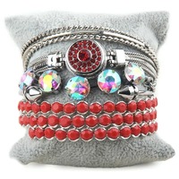 Set Gelang Kulit Tumpuk dengan Kancing Rhinestone Baru 1.8-2cm, Batu Alam, Manik-manik Kaca Kristal, dan Gelang Sekrup Alloy