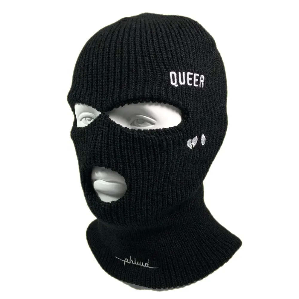 Masker Ski Balaclava Kustom Logo Bordir Musim Dingin OEM Topi Beanie Rajut 3 Lubang