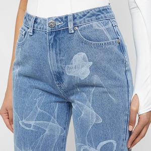 Denim <strong>Burn</strong> Out Lady High Waist Pants <strong>Laser</strong> Etching Womens Cotton Jean <strong>Laser</strong> Printing <strong>Blue</strong> Washed Straight Women Jeans - Product Image 2