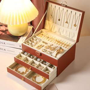 Jewelry <b>Box</b> Multi Layer Storage With Lock Leather Jewelry Organizer For Necklace Ring Earring Large Capacity 25x21.11 Solid - Product Image 4