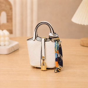Luxury H-Style Mini Bucket Bag Charm, PU Leather Earphone Pouch & Coin Purse with Silk <b>Scarf</b>, Cute Keychain for Women - Product Image 2