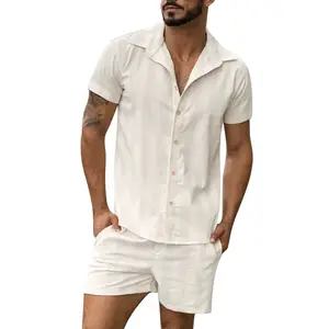厂家定制贴牌夏季沙滩度假条纹男士涤纶纤维休闲短袖套装古巴领衬衫