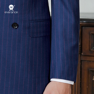 Abito da uomo <span class=keywords><strong>blu</strong></span> navy a righe, <span class=keywords><strong>doppiopetto</strong></span>, 2 pezzi, slim fit, formale, per affari, matrimoni e feste. - Product Image 3