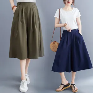 महिलाओं गर्मियों में व्यापक पैर ढीला Culotte पोशाक स्कर्ट पैंट की जेब लोचदार कमर एक लाइन ठोस रंग उच्च कमर लंबी स्कर्ट Culotte