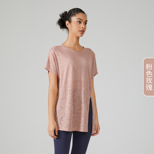 Round <b>Neck</b> Breathable Four-Way Stretch Fitness T-Shirts Workout Short Sleeve Yoga Shirt Solid Color Women Polyester/Cotton - Product Image 4