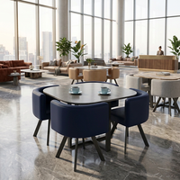 Ensemble de table et chaises de salle à manger d'hôtel moderne avec plateau en MDF, pieds en métal, revêtement en cuir PU/tissu lin, design rond, 4 places, durable