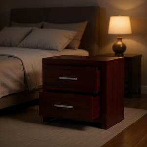 Table de chevet finition cerisier foncé, 2 tiroirs, meubles de chambre à coucher modernes en bois - Product Image 2