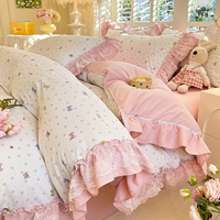 Parure de lit de luxe 4 pièces avec housse de couette à volants, bordure en dentelle, en microfibre lavée, ensemble de draps et housses de couette à bordure en dentelle