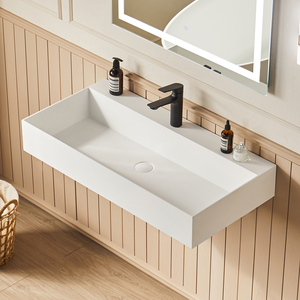 Évier moderne <span class=keywords><strong>double</strong></span> flottant à surface solide mate Lavabo rectangulaire intégré pour salle de bain d'hôtel - Product Image 4