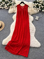 Maßgeschneidertes Damen-Maxikleid in Dunkelbraun mit Häkelmuster - Durchbrochenes Strickkleid, Lässiges Sommer-Strandkleid für den Urlaub