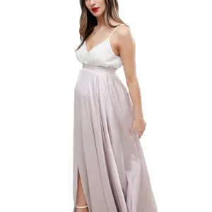 Moederschap Feature Vrouwen Hoge Taille Sexy Voorkant Split Maxi Jurk Satijn 100% Polyester Solid Party Dress