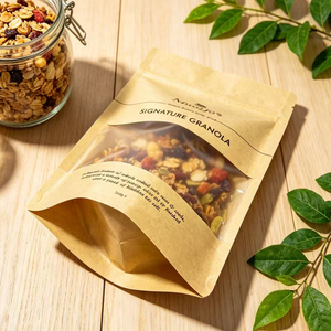 Bolsa ecológica resellable de papel kraft marrón con cierre de cremallera para almacenar alimentos y refrigerios, ideal para granola, avena, frutos secos y desayunos, con ventana. - Product Image 3