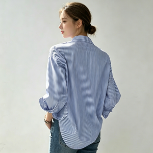 Camisa Casual de Manga Larga a Rayas Azules y Blancas para Mujer, Blusa Holgada con Cuello Camisero, Top para Primavera y Verano, para Oficina y Uso Diario - Product Image 3