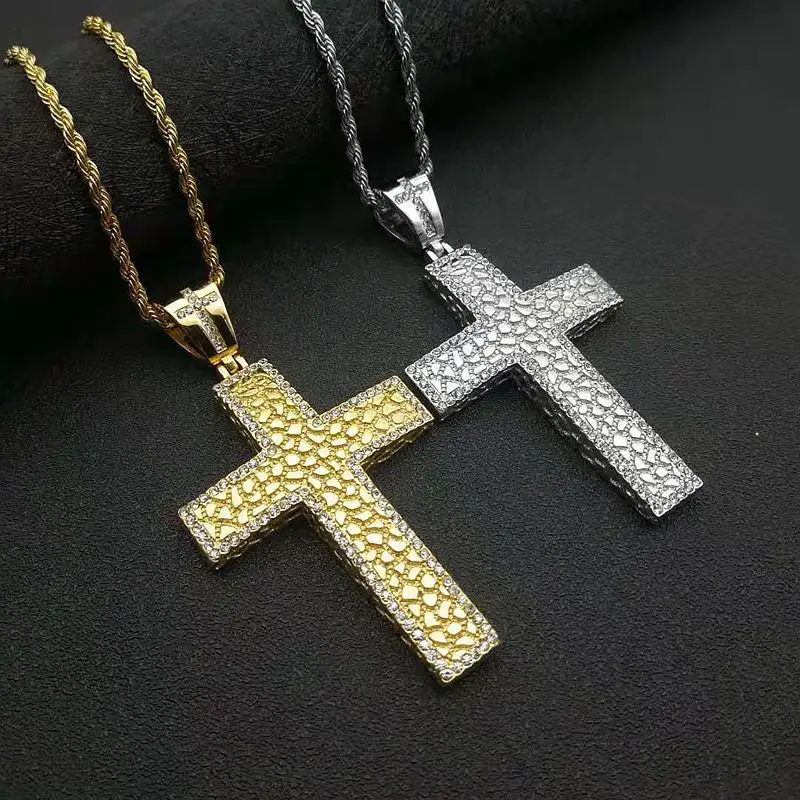 Stainless Steel Hip Hop Cross Pendant for Men Gold and Silver Color Crystal Cross Charm Jewelry