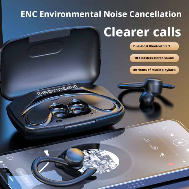 Ear-clip Open Ear Headphones V5.3 ENC Noise Cancellation Hi-Fi Sound IPX-5 Waterproof Touch Control Digital Display Long Life
