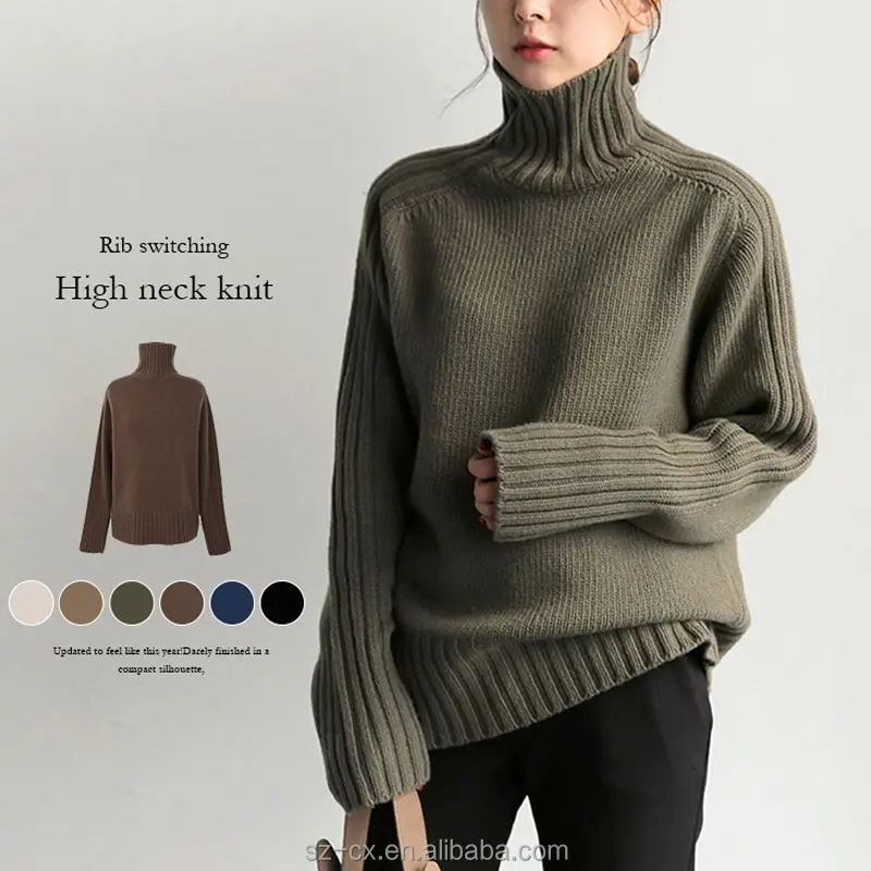 Korean Style Fashion Casual Women Knitting Long Loose Sweater Dress Clothing Pullover Turtle Neck Solid Winter Ladies Sweater