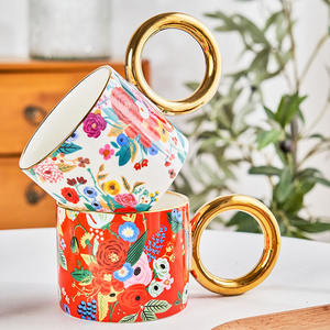 <span class=keywords><strong>Tasse</strong></span> en céramique à fleurs de luxe légère, plaquée or, <span class=keywords><strong>grande</strong></span> poignée, mug - Product Image 2