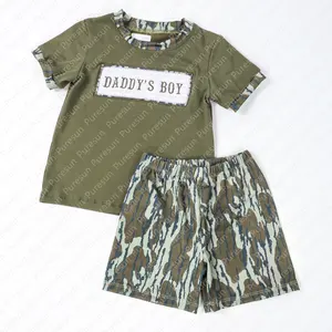 Puresun Smocked Daddy's Boy Camouflage Short Sets Custom Logo Kids Clothing Father's Day Boys Boutique Outfits