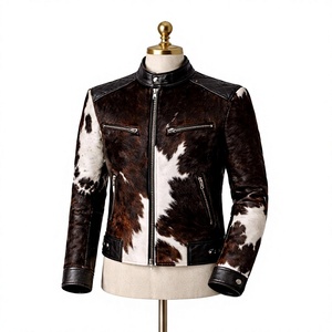 Blouson moto en cuir véritable pour homme, imprimé animal, col montant, fermeture éclair, coupe ajustée, longueur standard, pour l'automne - Product Image 1