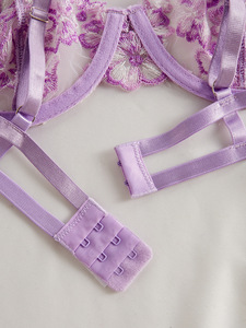 Wholesale Purple Floral Embroidery Women's Lingerie <b>Set</b> <b>Sexy</b> Sheer Lace Underwire Bra and Tie Side Thong with Bow Details - Product Image 6