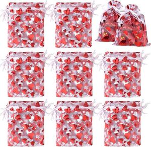 Sacs en organza rouge avec imprimé cœur, pochette cadeau 8x10cm, sac en maille à cordon pour la fête des mères, ornement de Noël - Product Image 1