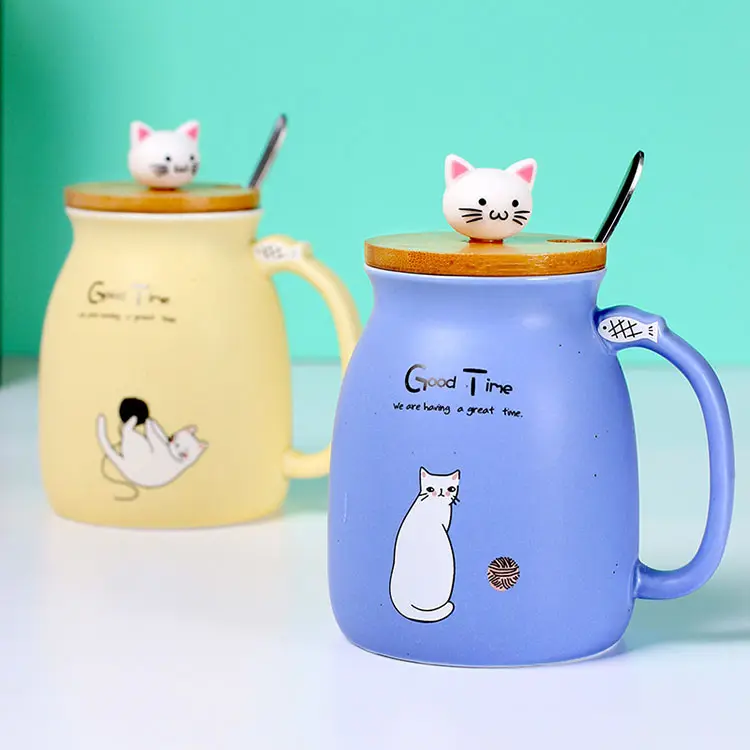 도매 귀여운 만화 고양이 컵 세라믹 우유 커피 컵 뚜껑 숟가락 물 컵 선물