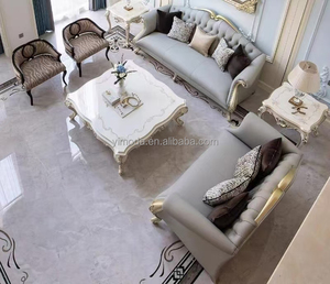 أريكة فرنسية أنيقة لغرفة المعيشة عتيقة منحوتة من الجلد البيج ، أثاث فرنسي كلاسيكي - Product Image 4