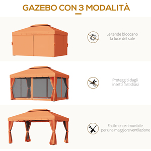Outsunny Garden Gazebo 4x3m avec double toit et rideaux latéraux, Orange - Product Image 5